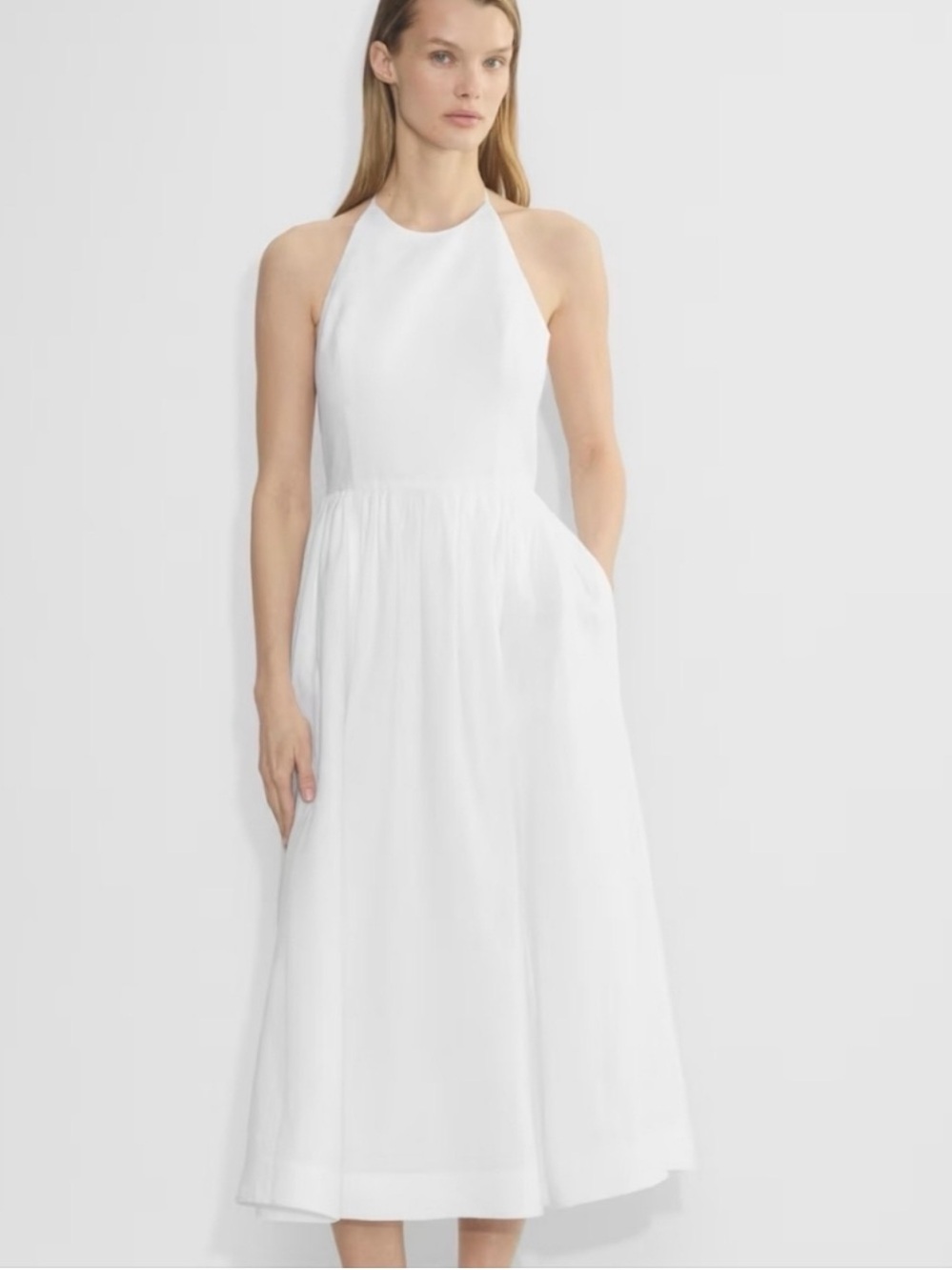 Wilfred White Linen Halter Tie-Back Midi Dress w/Pockets 6